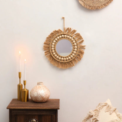 Brown Wood Beads Hand Woven Wall Mirror - Xnest