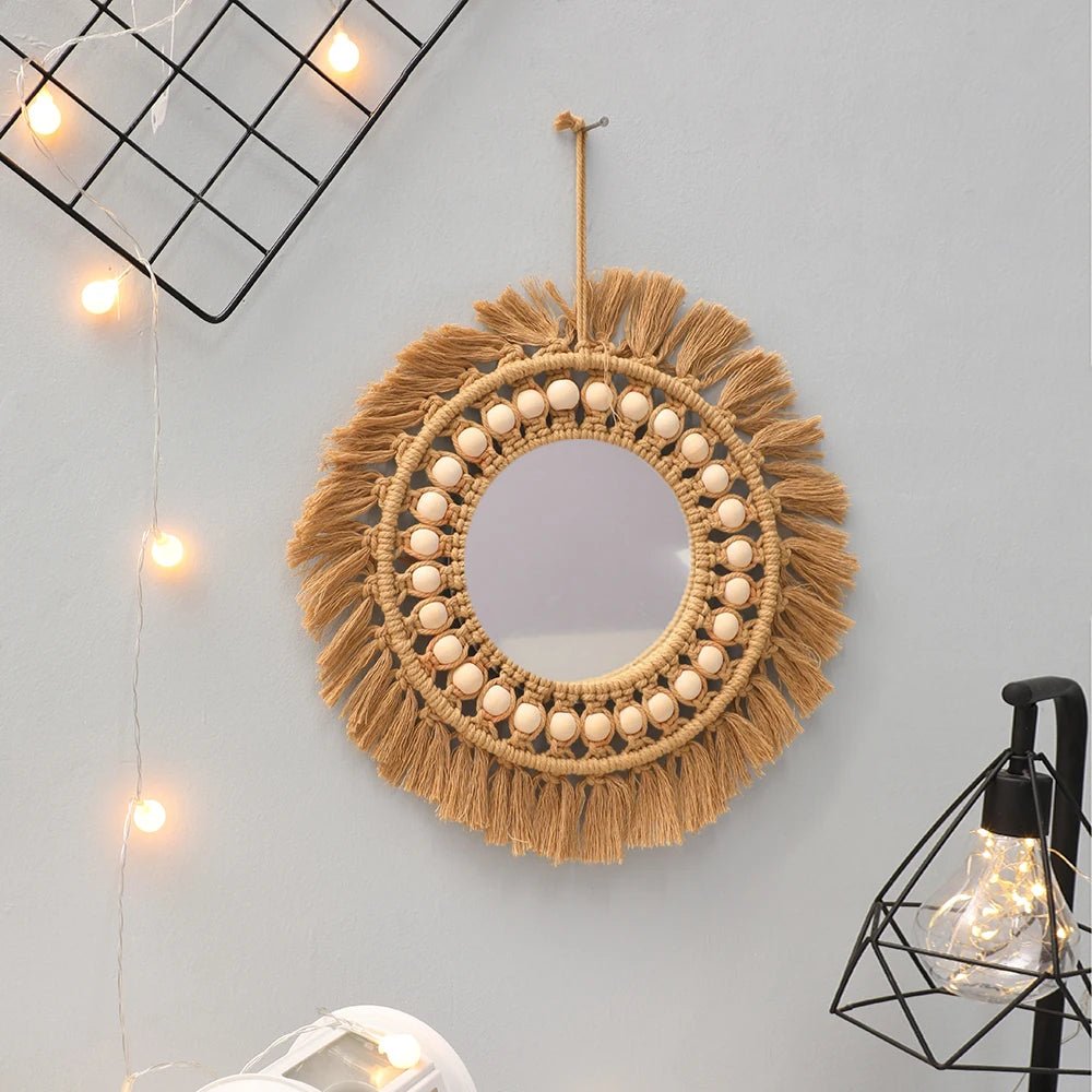 Brown Wood Beads Hand Woven Wall Mirror - Xnest