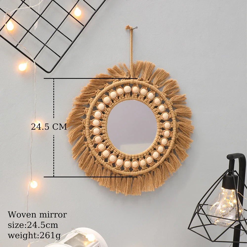 Brown Wood Beads Hand Woven Wall Mirror - Xnest