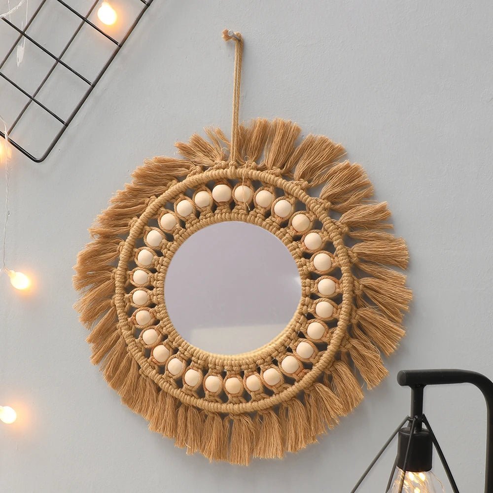 Brown Wood Beads Hand Woven Wall Mirror - Xnest