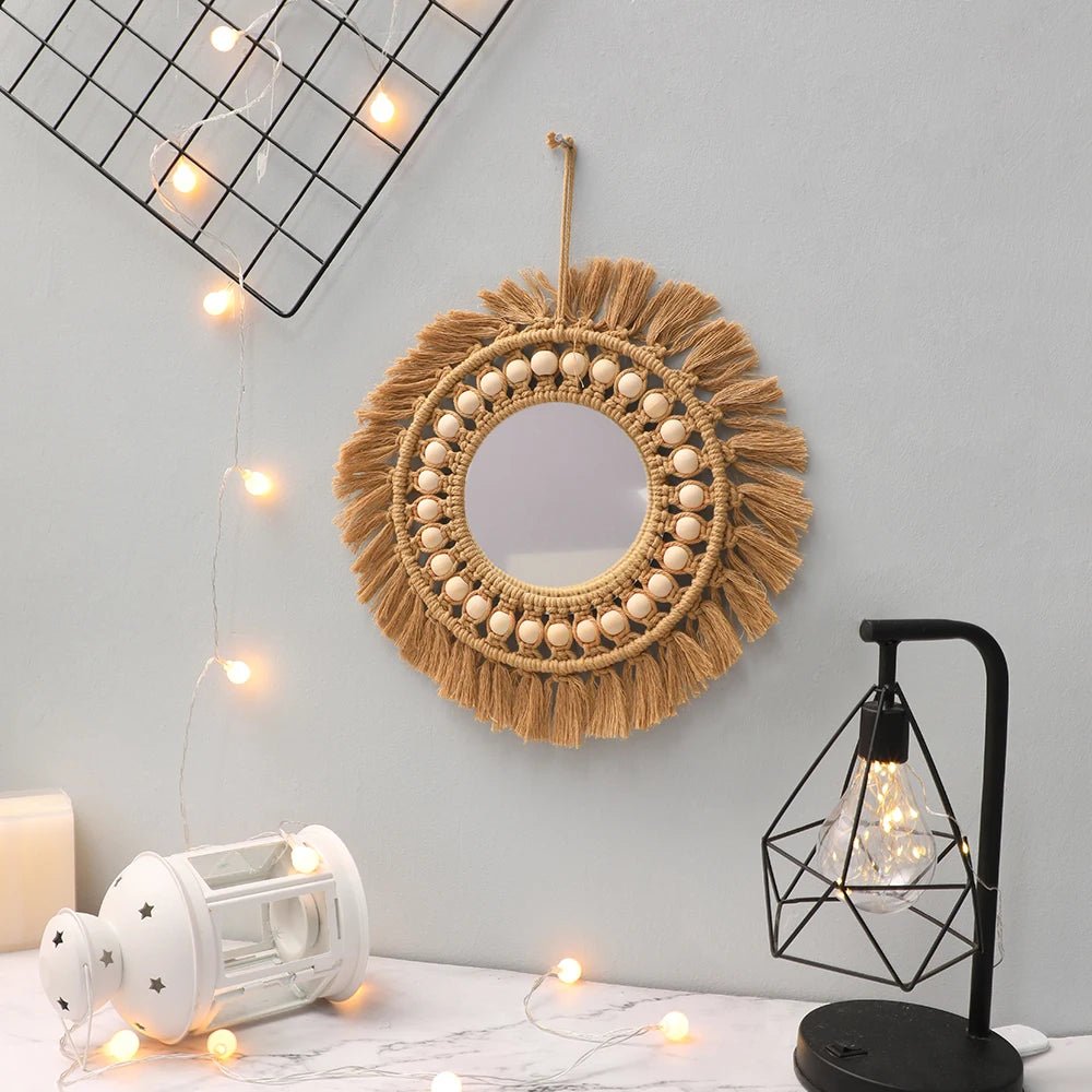 Brown Wood Beads Hand Woven Wall Mirror - Xnest