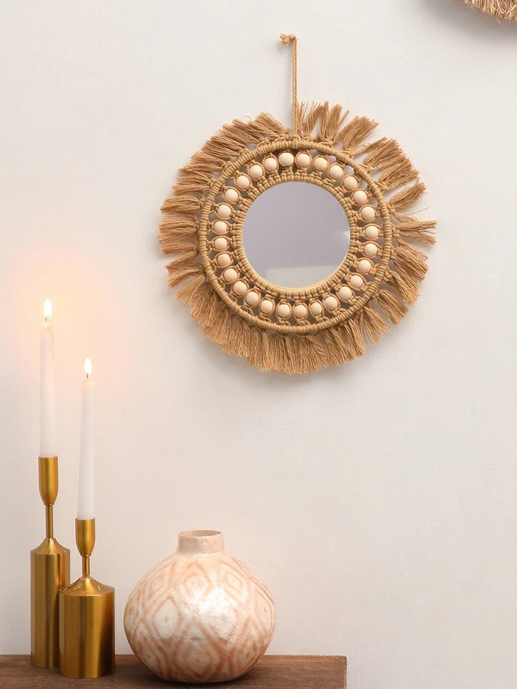 Brown Wood Beads Hand Woven Wall Mirror - Xnest